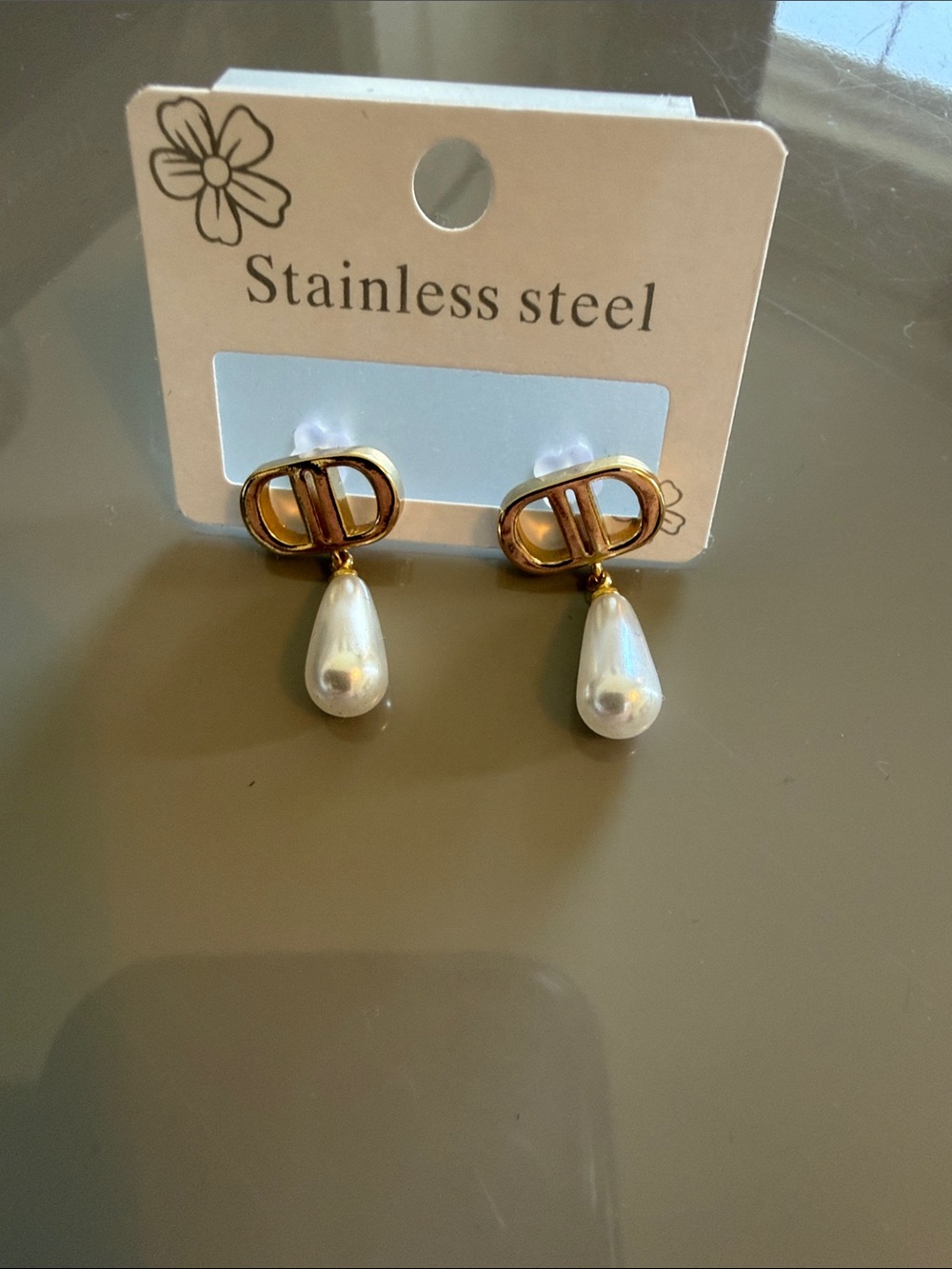 Gold-Tone Pearl Drop Earrings - Stainless Steel